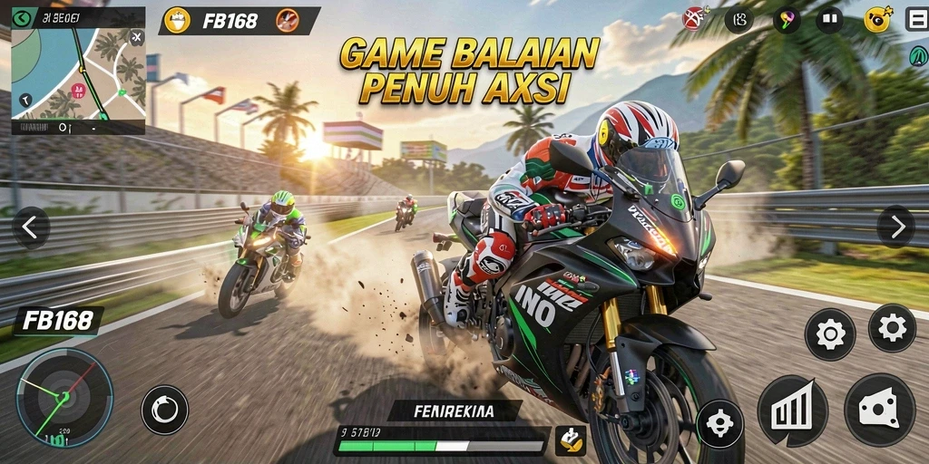 Tampilan gameplay seru dengan motor balap di trek menantang.