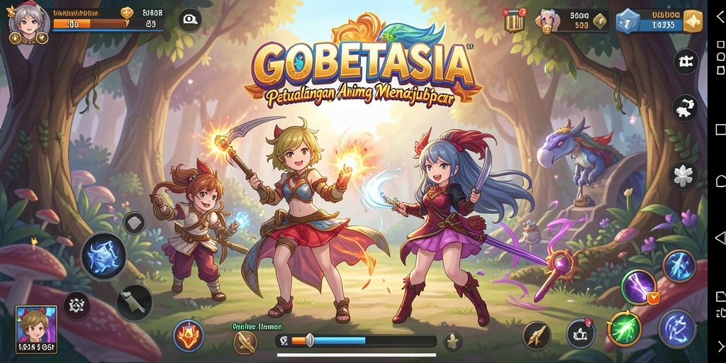 Tampilan gameplay GOBETASIA dengan karakter anime yang beraksi.