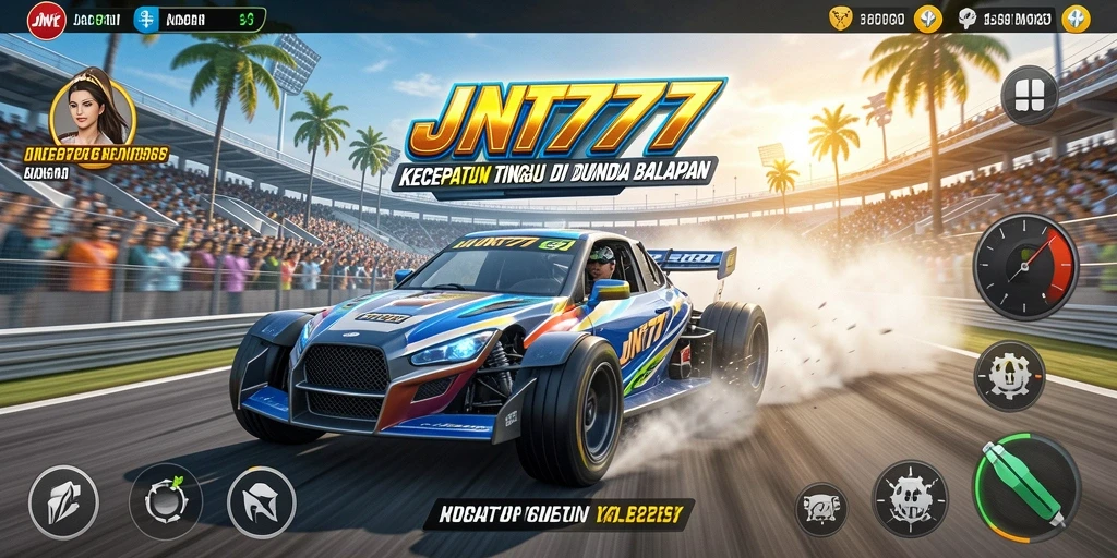 Screenshot gameplay JNT777 menampilkan mobil balap di trek yang menantang.