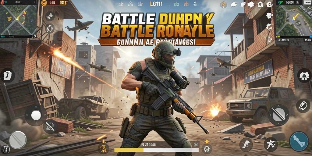 Screenshot gameplay LG111 menampilkan pertempuran seru di arena Battle Royale.