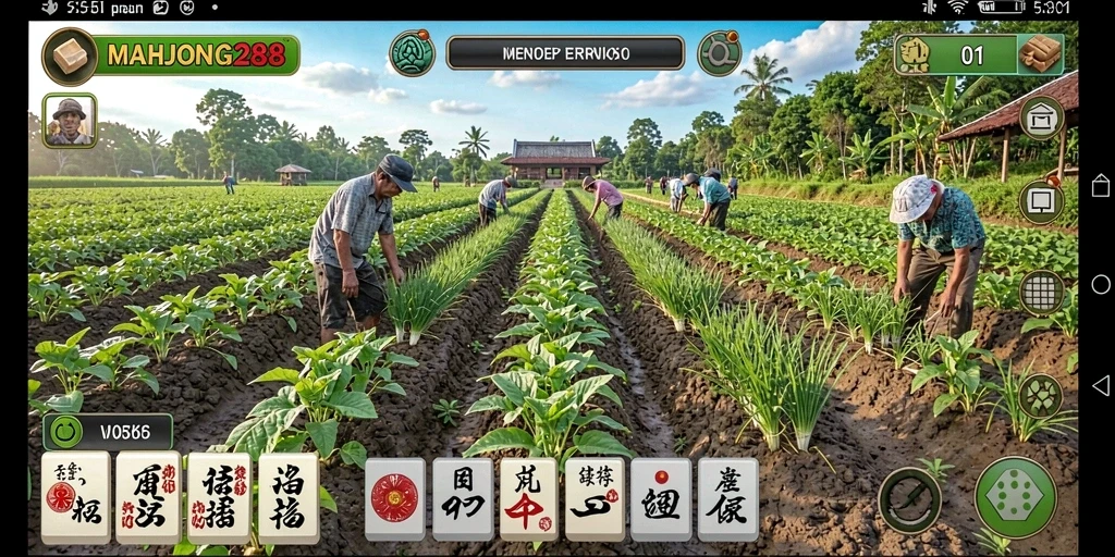 Screenshot gameplay <strong>MAHJONG288</strong> menampilkan kebun yang subur dengan beragam tanaman.