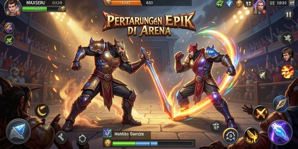 Tangkapan layar gameplay <strong>MAXSERU</strong> menampilkan pertarungan seru dan karakter unik.